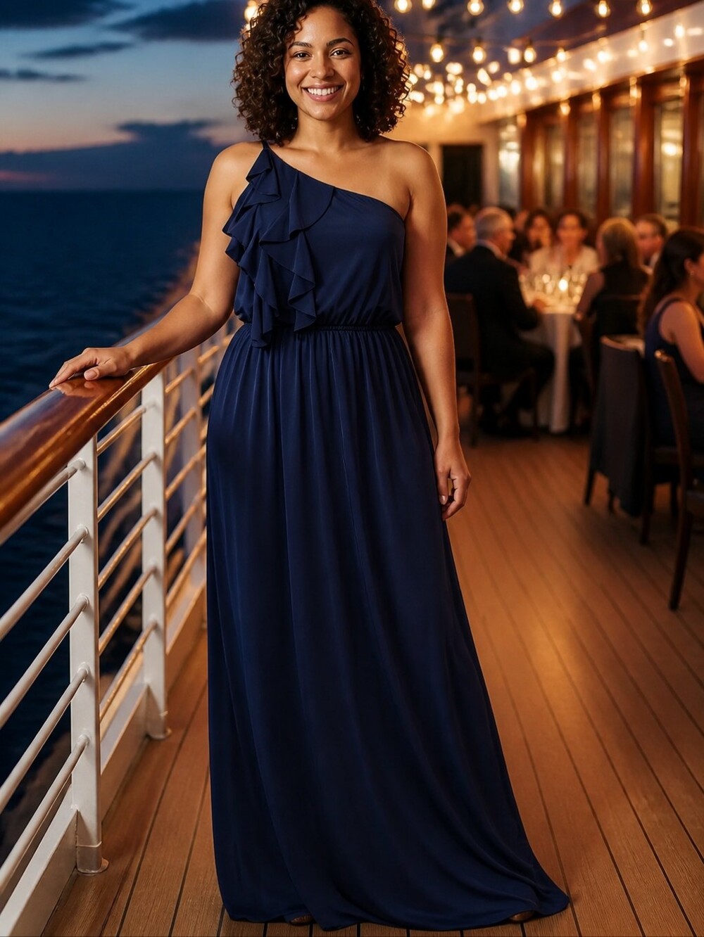 ModCloth Gilli Maxi Dress L Navy One Shoulder Ruffle Jersey Wedding Cruise Party